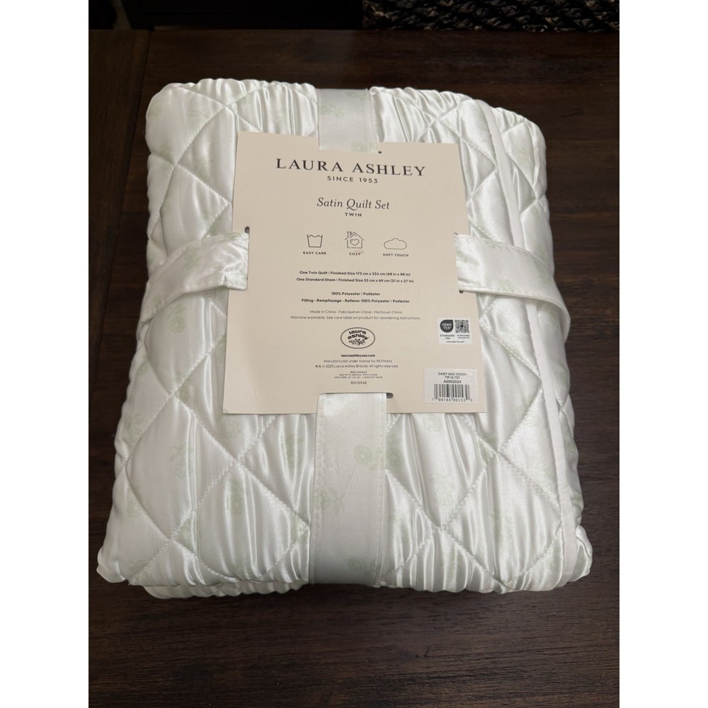 New 2 PC LAURA ASHLEY TWIN SIZE WHITE SATIN QUILT And SHAM SET 68" × 88" - Picture 2 of 3